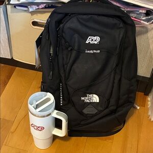 The North Face Black Backpack with White Tumbler